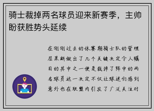 骑士裁掉两名球员迎来新赛季，主帅盼获胜势头延续